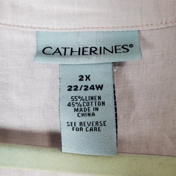 Catherines Womens Pink Pineapple Print No Gap Linen Button Front Shirt Size 2X - Picture 3 of 6